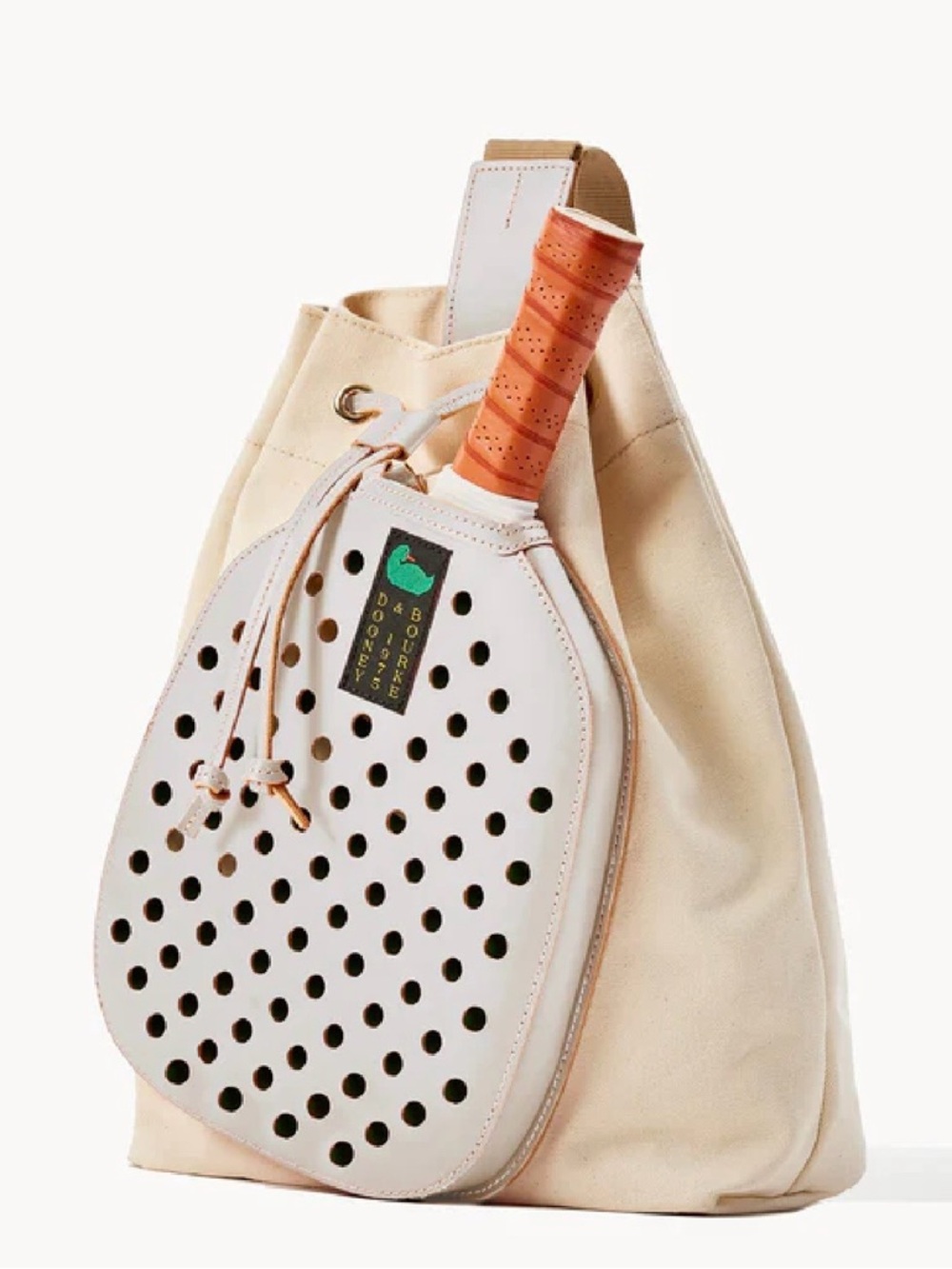 Dooney & Bourke Cream Canvas Drawstring Tote with Leather Paddle Detail - Picture 2 of 5